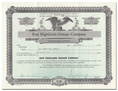 East Highlands Orange Company Stock Certificate