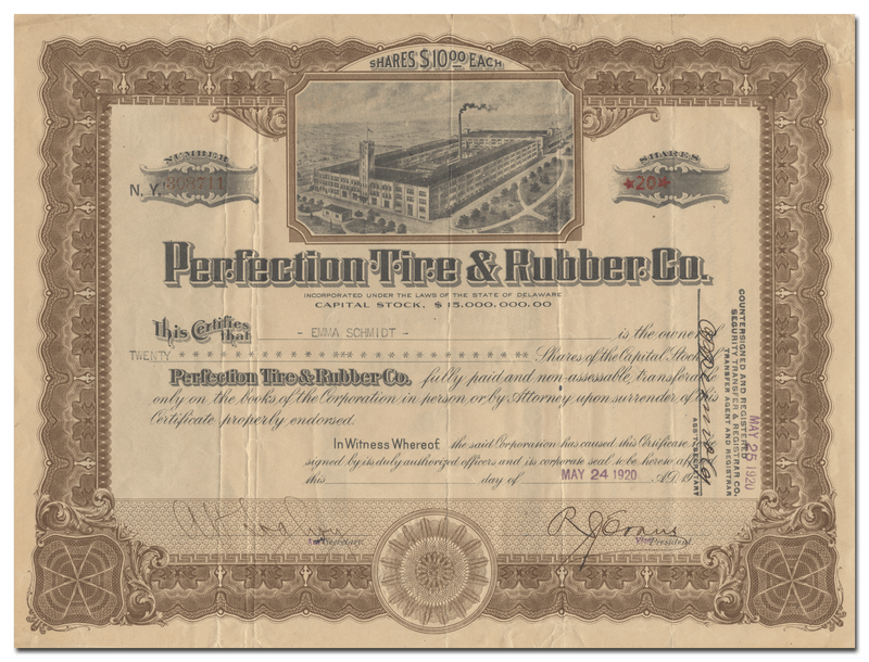 Perfection Tire & Rubber Co. Stock Certificate