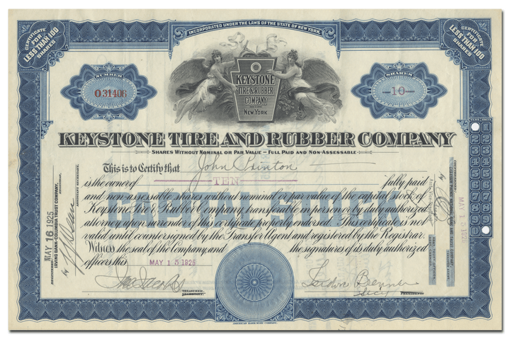 Keystone Tire and Rubber Company Stock Certificate