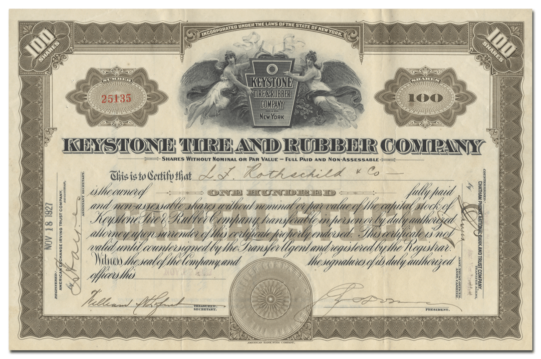 Keystone Tire and Rubber Company Stock Certificate