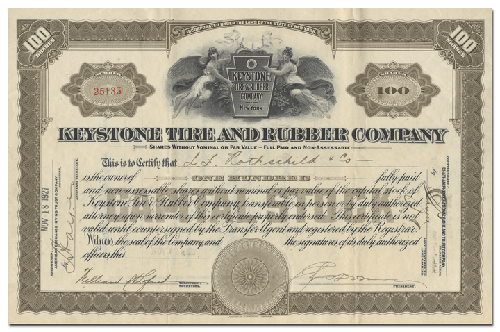 Keystone Tire and Rubber Company Stock Certificate