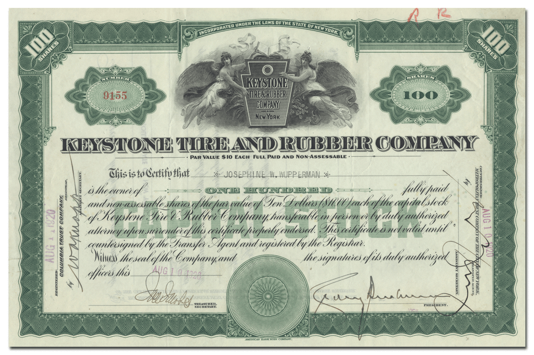 Keystone Tire and Rubber Company Stock Certificate