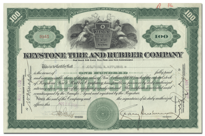 Keystone Tire and Rubber Company Stock Certificate