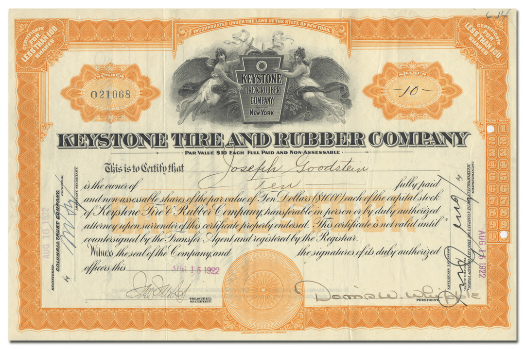 Keystone Tire and Rubber Company Stock Certificate