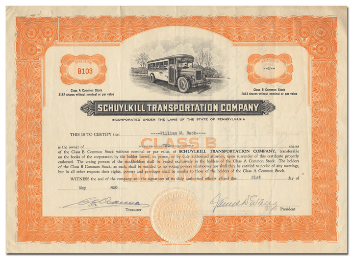 Schuylkill Transportation Company Stock Certificate