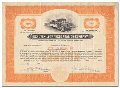 Schuylkill Transportation Company Stock Certificate