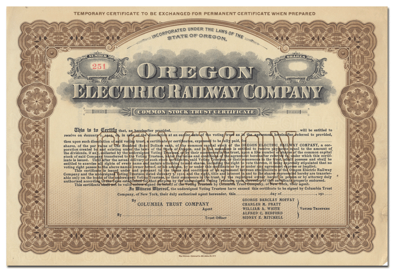 Oregon Electric Railway Company Stock Certificate