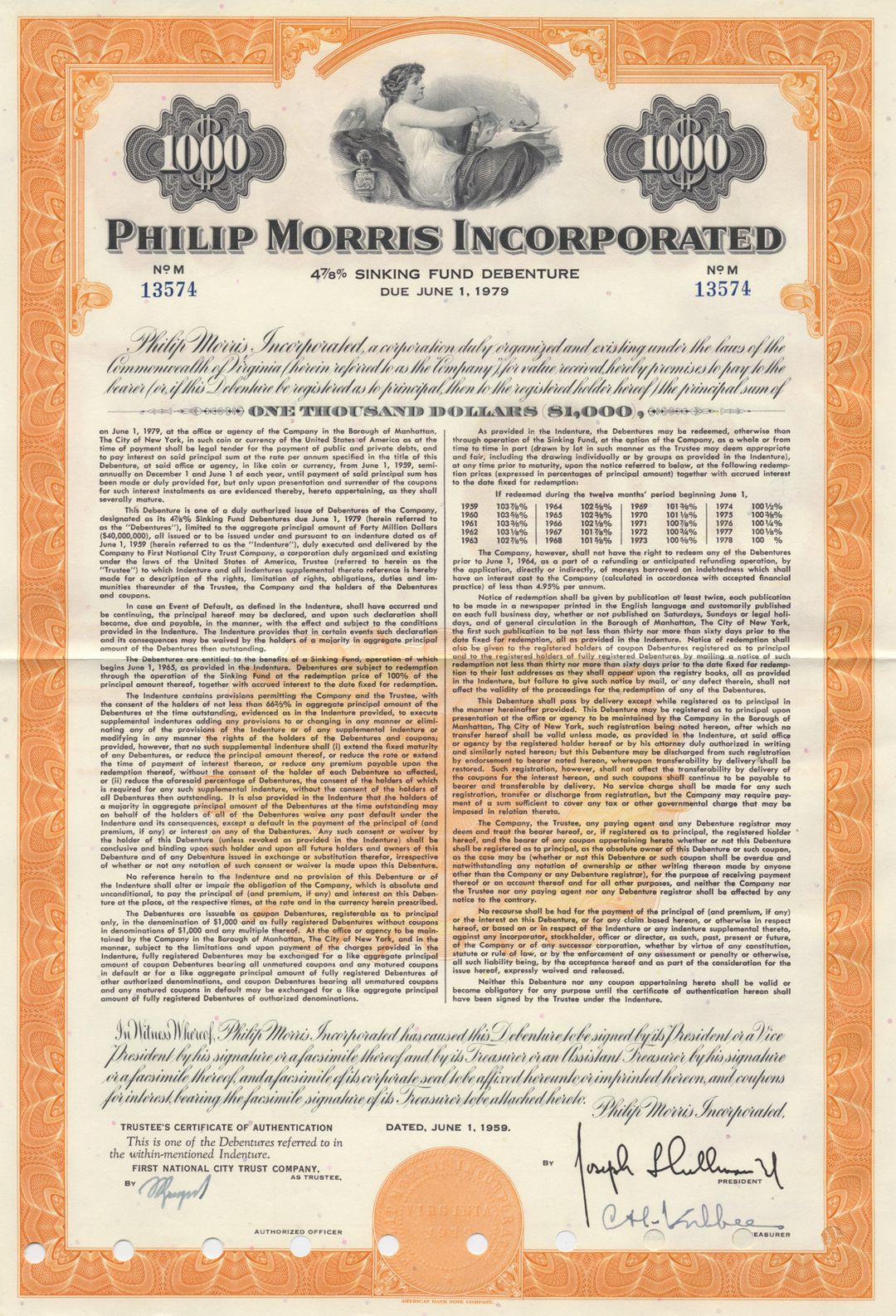 Philip Morris Incorporated Bond Certificate