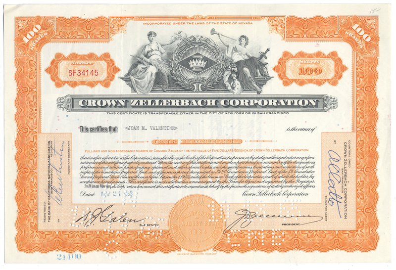 Crown Zellerbach Corporation Stock Certificate