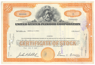 United States Plywood Corporation Stock Certificate