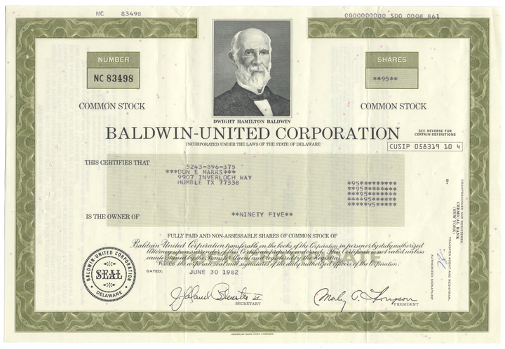 Baldwin-United Corporation Stock Certificate