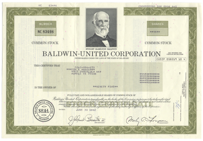 Baldwin-United Corporation Stock Certificate
