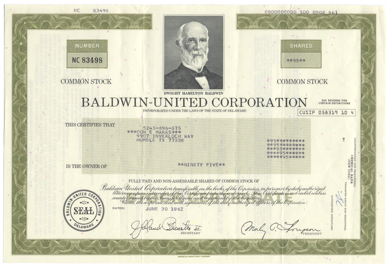 Baldwin-United Corporation Stock Certificate