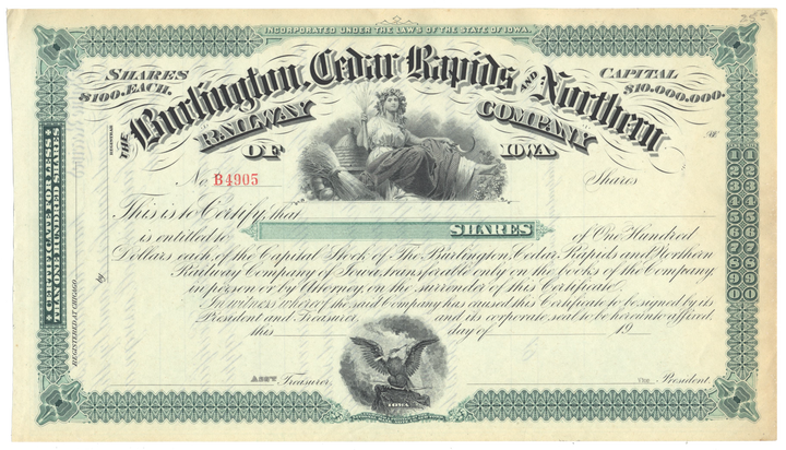 Burlington, Cedar Rapids and Northern Railway Company Stock Certificate