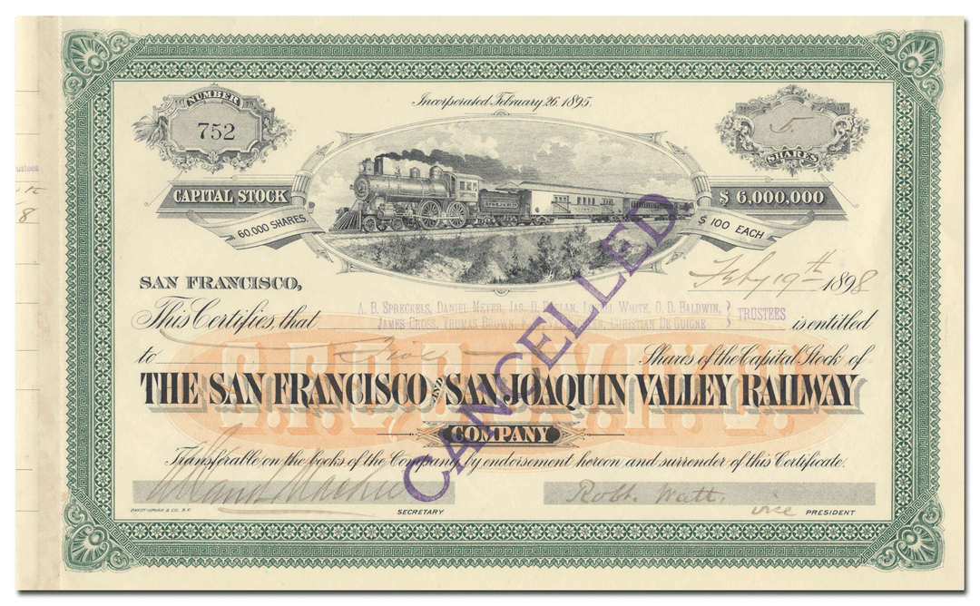 San Francisco and San Joaquin Valley Railway Company Stock Certificate