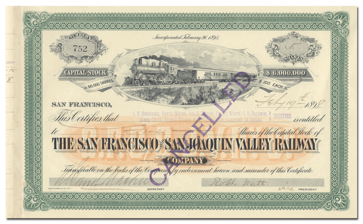 San Francisco and San Joaquin Valley Railway Company Stock Certificate