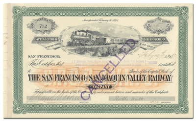San Francisco and San Joaquin Valley Railway Company Stock Certificate
