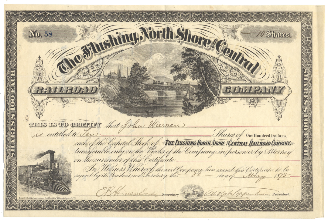 Flushing, North Shore and Central Railroad Company Stock Certificate