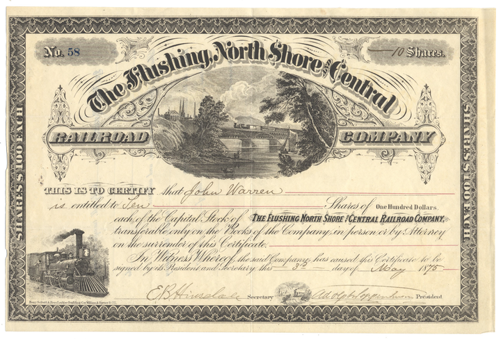 Flushing, North Shore and Central Railroad Company Stock Certificate