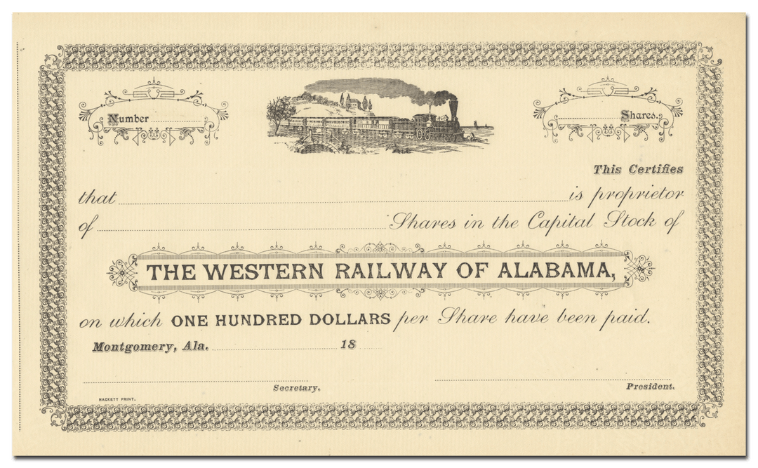 Western Railway of Alabama Stock Certificate