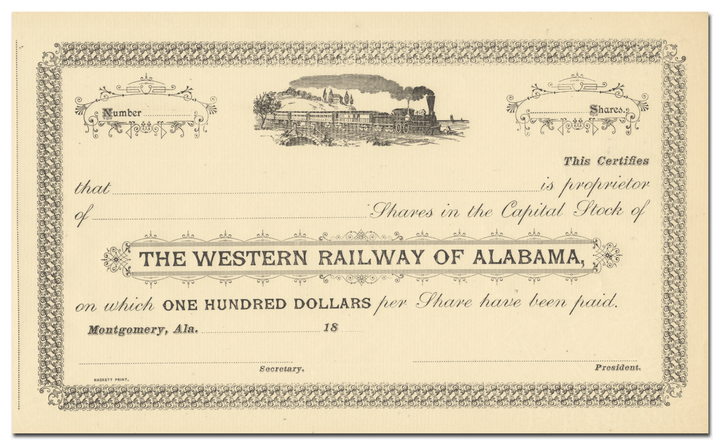 Western Railway of Alabama Stock Certificate