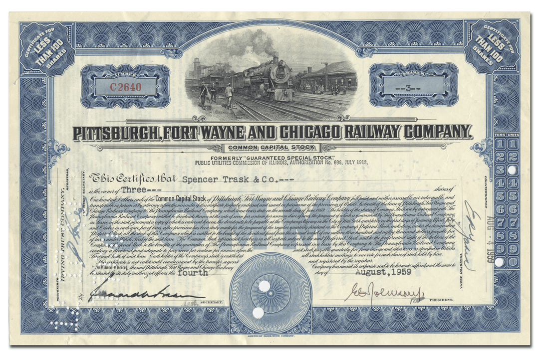 Pittsburgh, Fort Wayne and Chicago Railway Company Stock Certificate