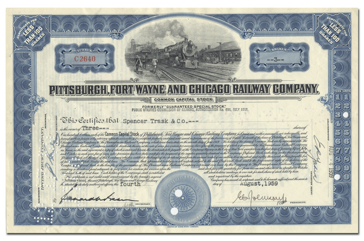 Pittsburgh, Fort Wayne and Chicago Railway Company Stock Certificate