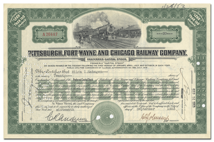 Pittsburgh, Fort Wayne and Chicago Railway Company Stock Certificate