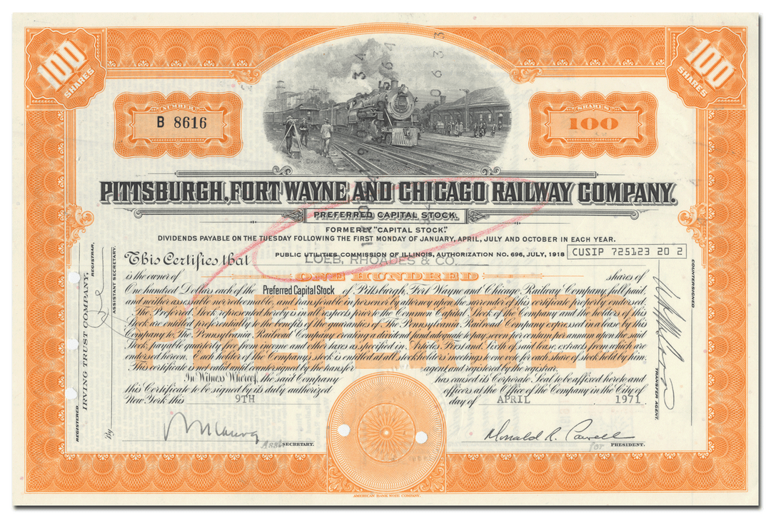 Pittsburgh, Fort Wayne and Chicago Railway Company Stock Certificate