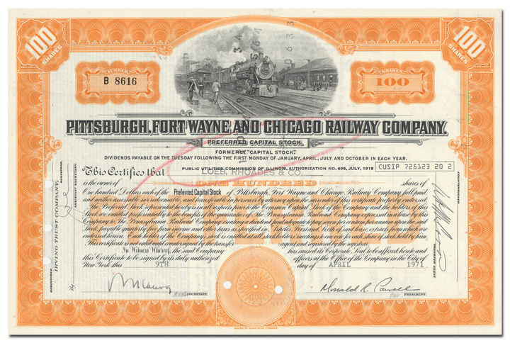 Pittsburgh, Fort Wayne and Chicago Railway Company Stock Certificate