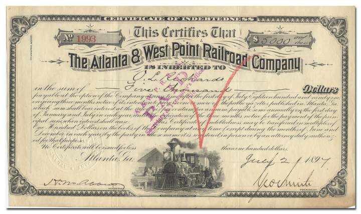 Atlanta & West Point Railroad Company Stock Certificate