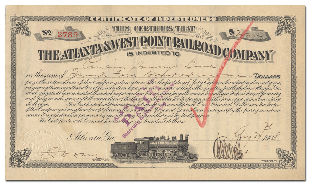 Atlanta & West Point Railroad Company Stock Certificate