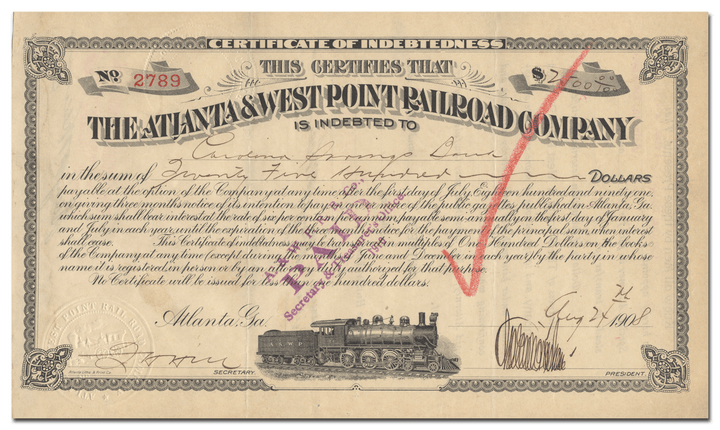 Atlanta & West Point Railroad Company Stock Certificate