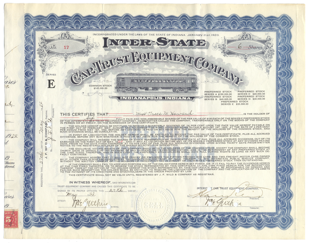 Inter-State Car Trust Equipment Company Stock Certificate