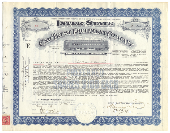 Inter-State Car Trust Equipment Company Stock Certificate