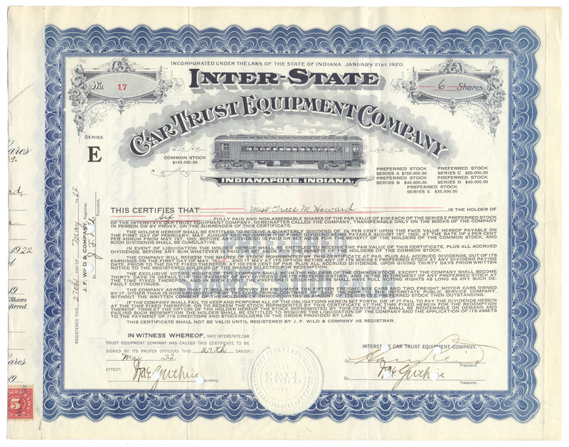 Inter-State Car Trust Equipment Company Stock Certificate