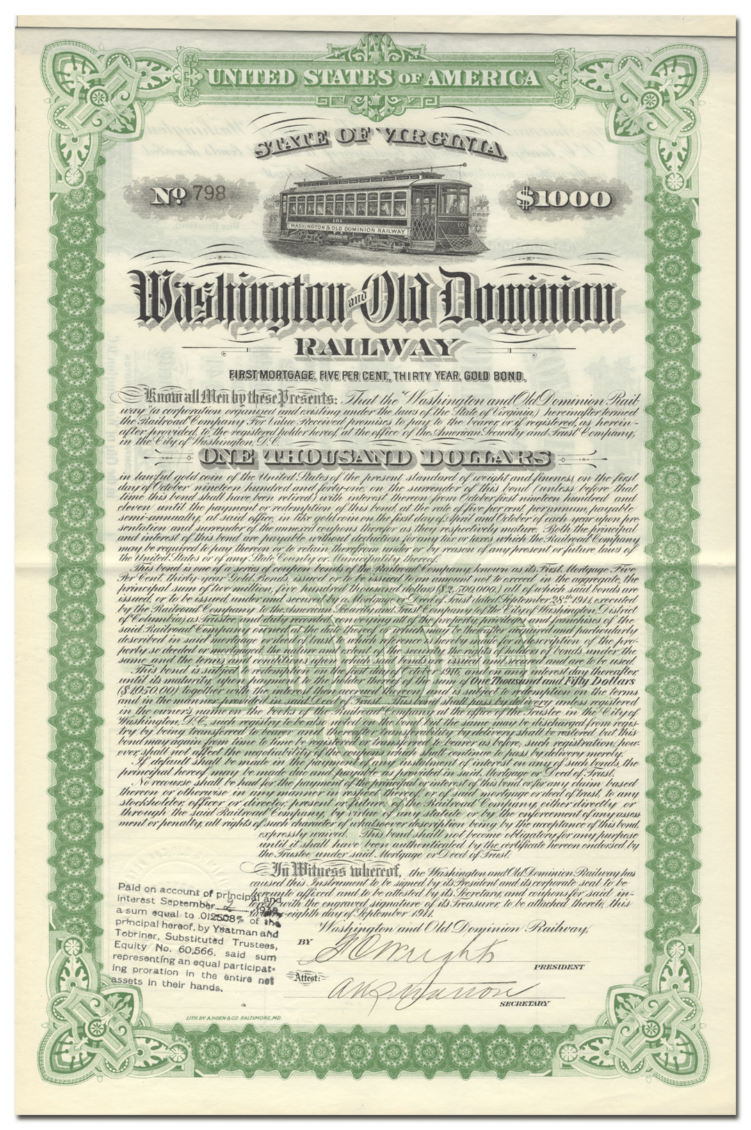 Washington and Old Dominion Railway Company Bond Certificate