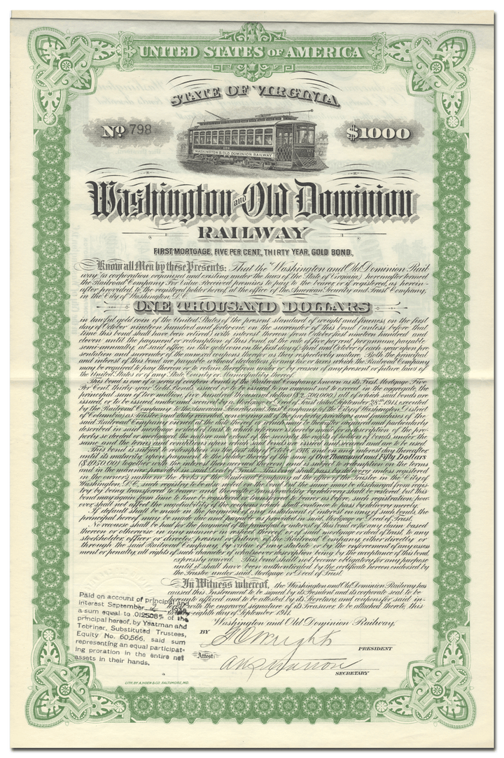 Washington and Old Dominion Railway Company Bond Certificate