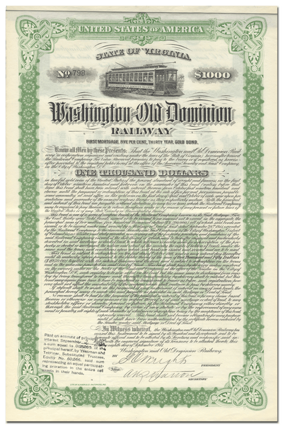 Washington and Old Dominion Railway Company Bond Certificate