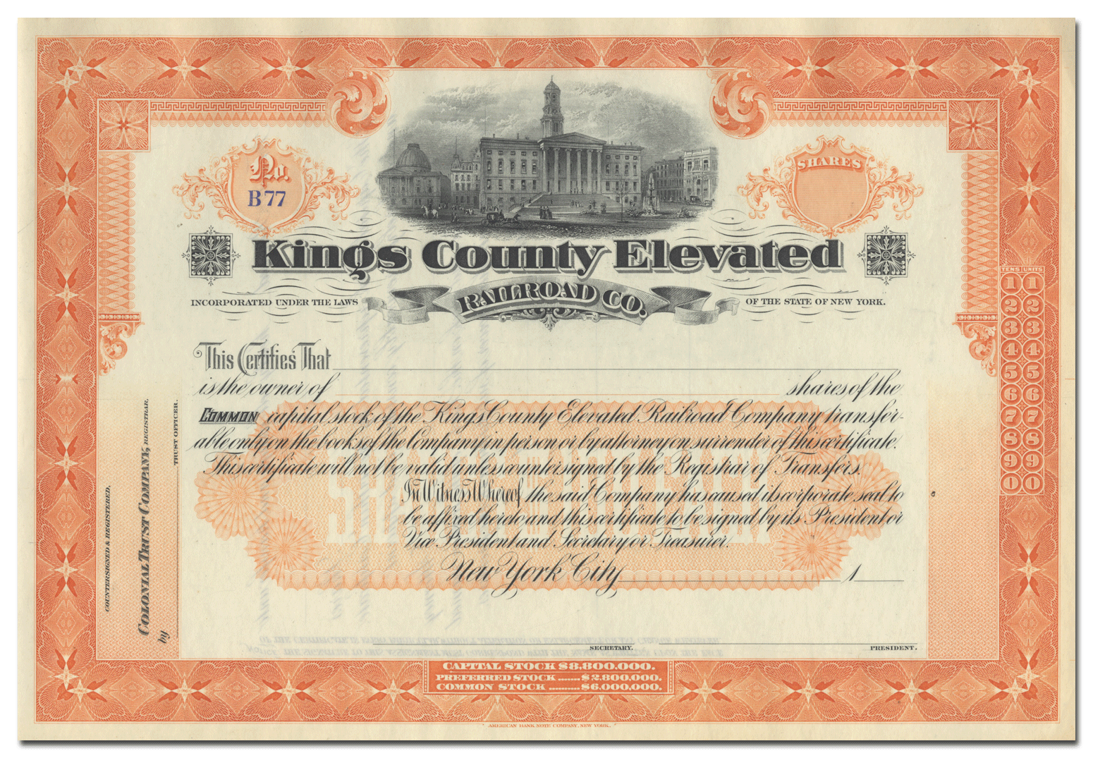 Kings County Elevated Railroad Company Stock Certificate