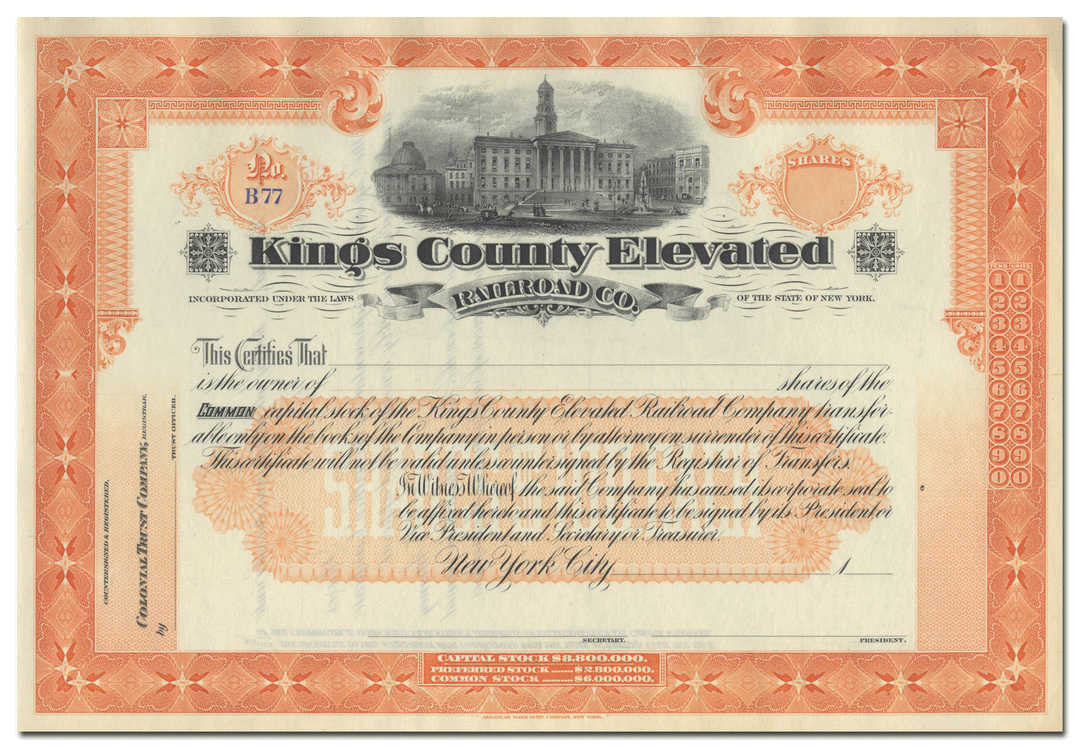 Kings County Elevated Railroad Company Stock Certificate