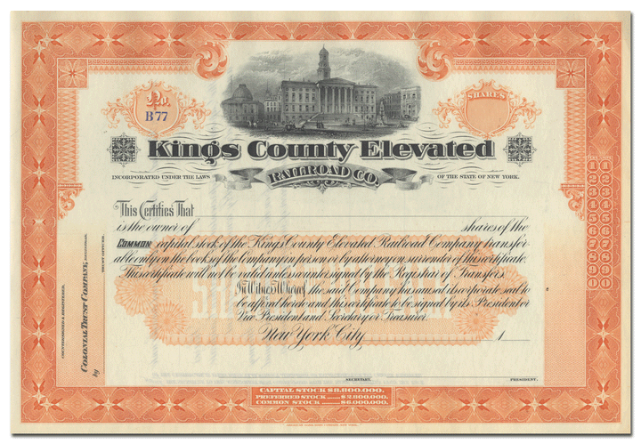 Kings County Elevated Railroad Company Stock Certificate