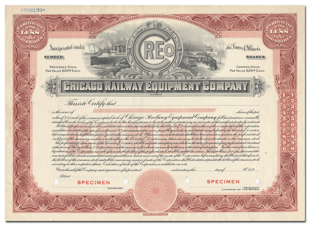 Chicago Railway Equipment Company Specimen Stock Certificate