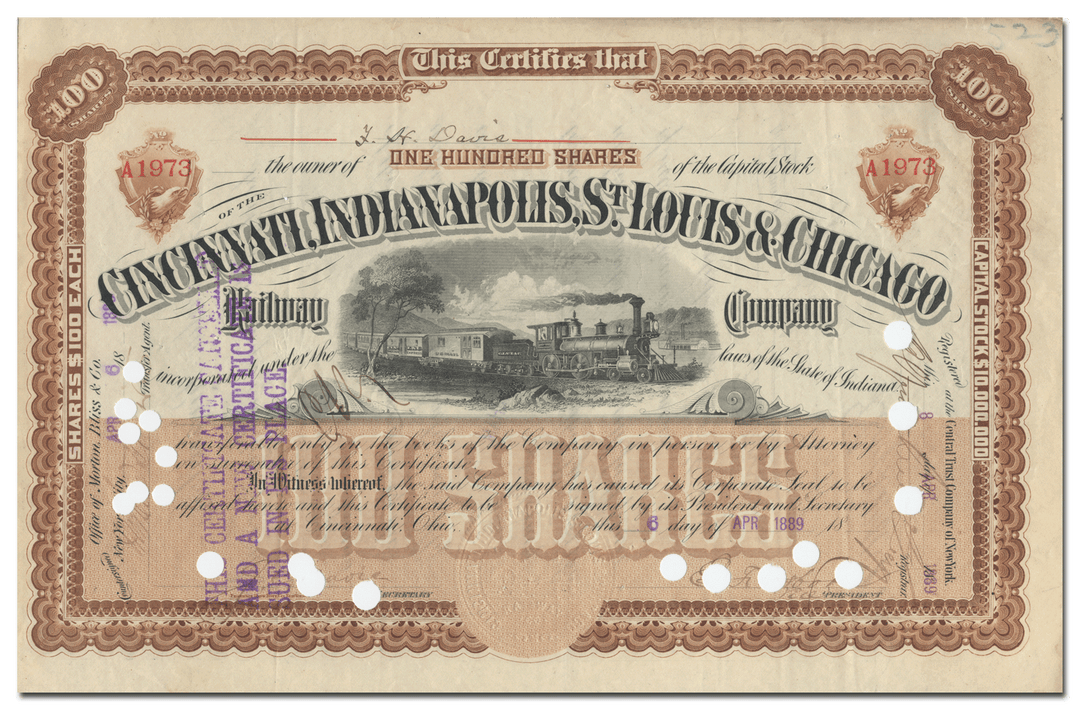 Cincinnati, Indianapolis, St. Louis & Chicago Railway Company Stock Certificate