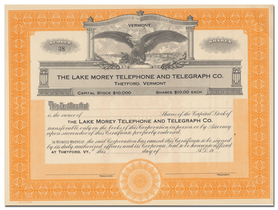 Lake Morey Telephone & Telegraph Co. Stock Certificate