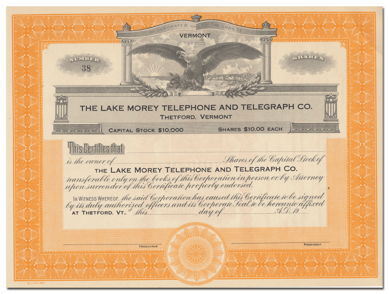 Lake Morey Telephone & Telegraph Co. Stock Certificate