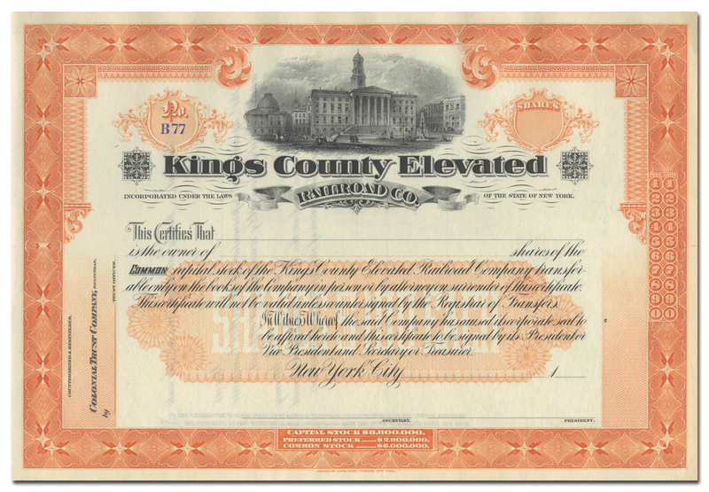 Kings County Elevated Railroad Company Stock Certificate