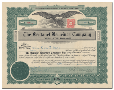 Sentanel Remedies Company Stock Certificate