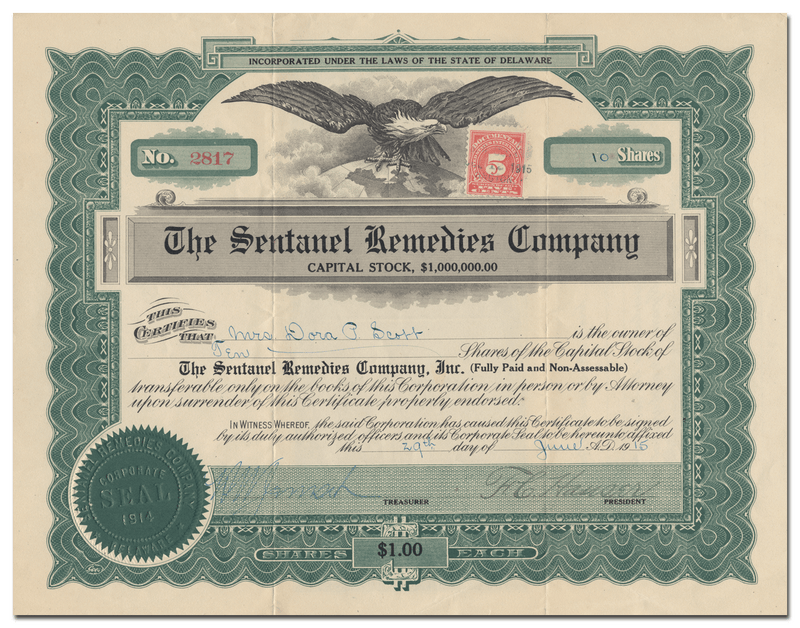 Sentanel Remedies Company Stock Certificate