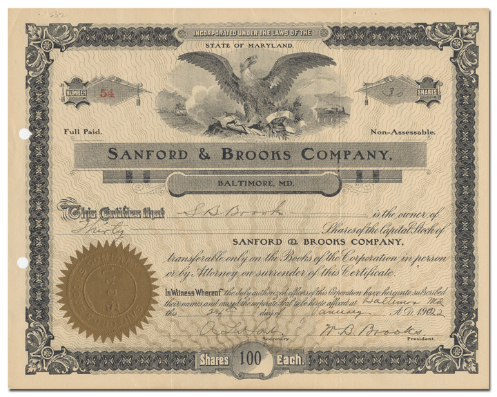 Sanford & Brooks Company Stock Certificate